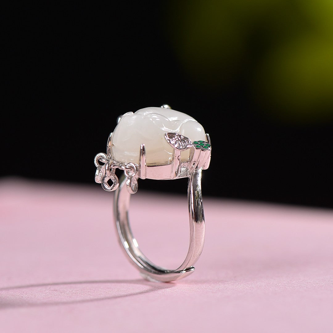 Silver inlaid jade lucky Pixiu ring