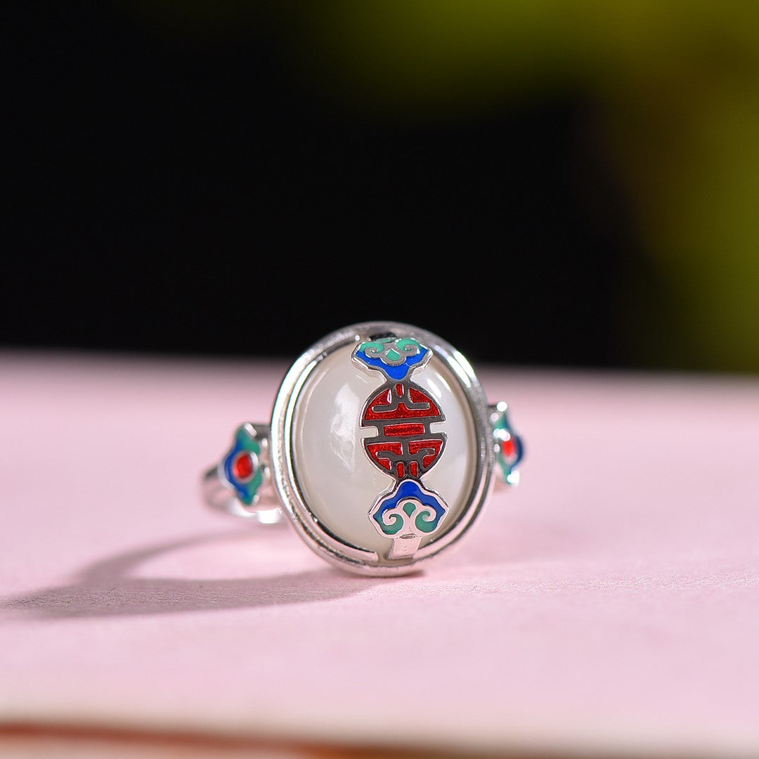 Silver inlaid Hetian jade enamel cabochon ring