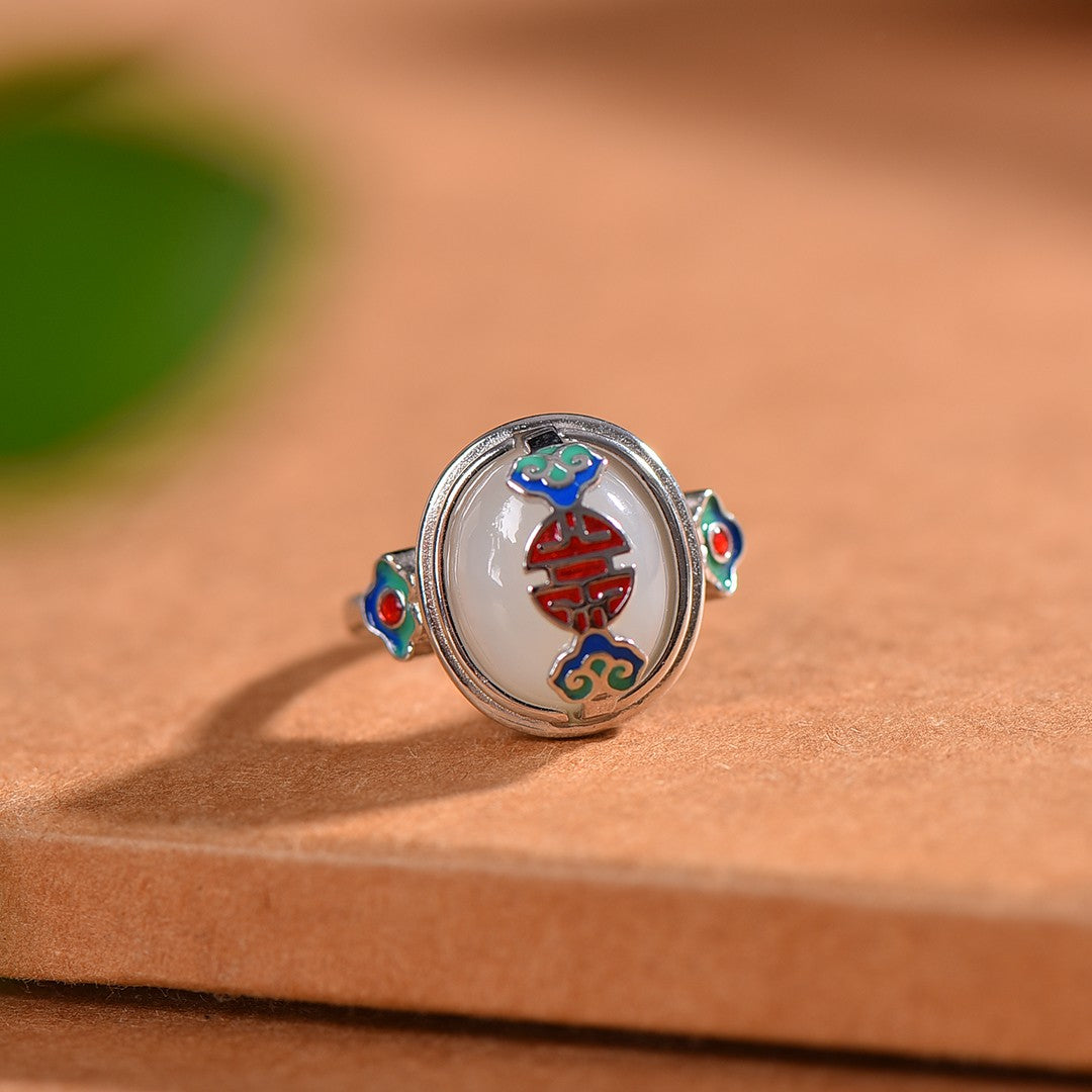 Silver inlaid Hetian jade enamel cabochon ring