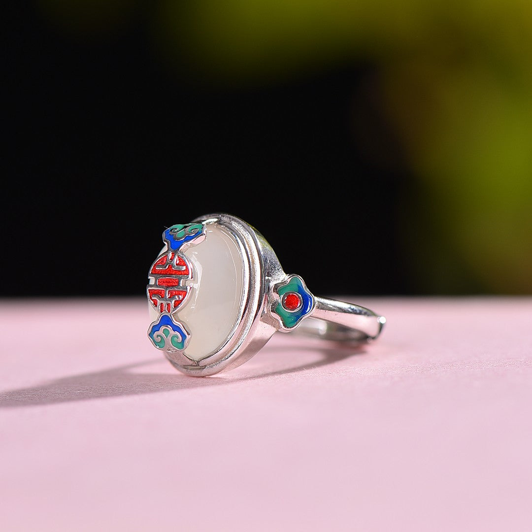 Silver inlaid Hetian jade enamel cabochon ring