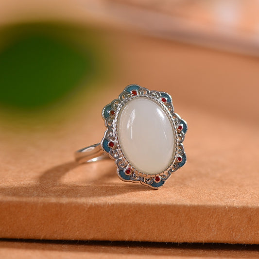 Silver inlaid Hetian jade cabochon enamel ring