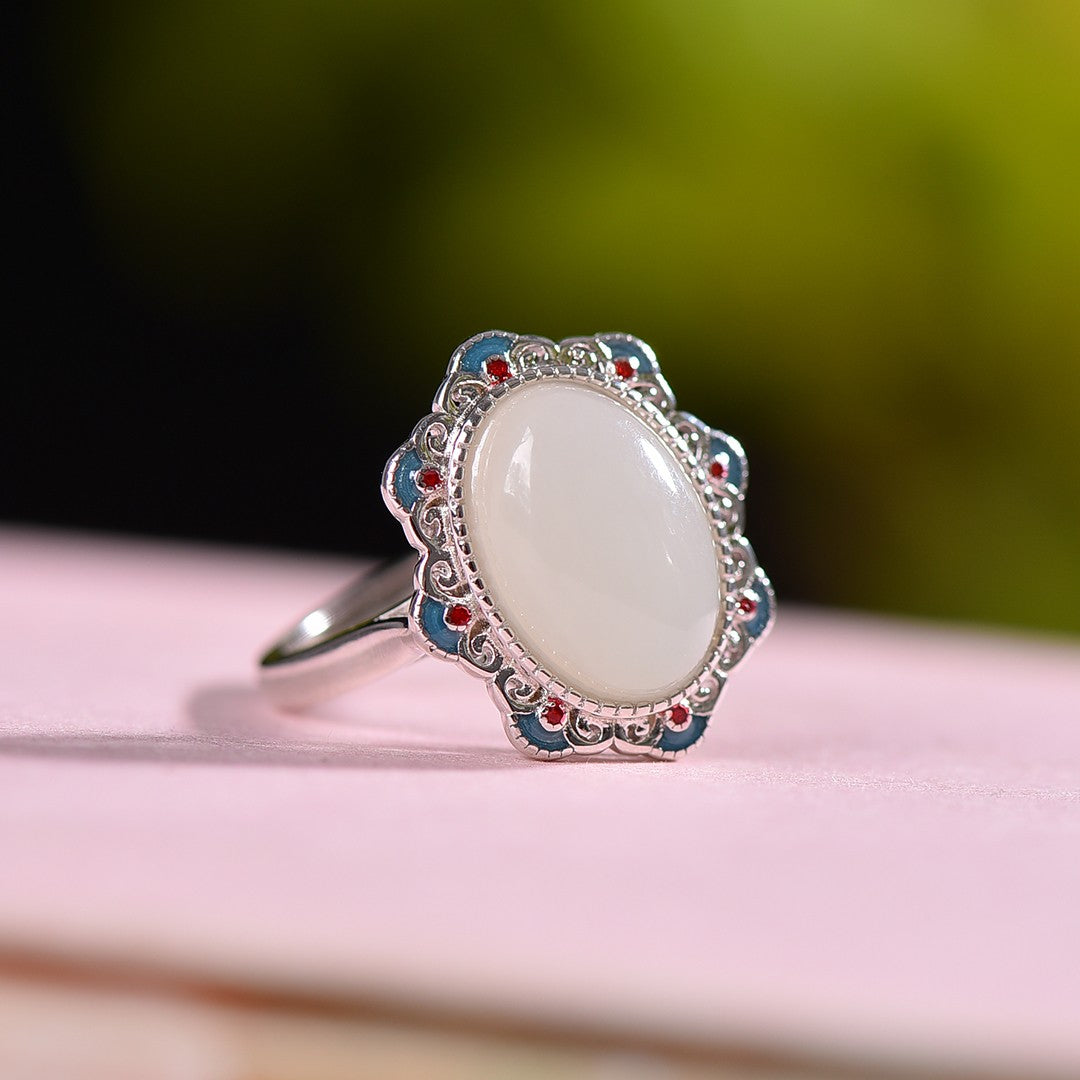 Silver inlaid Hetian jade cabochon enamel ring