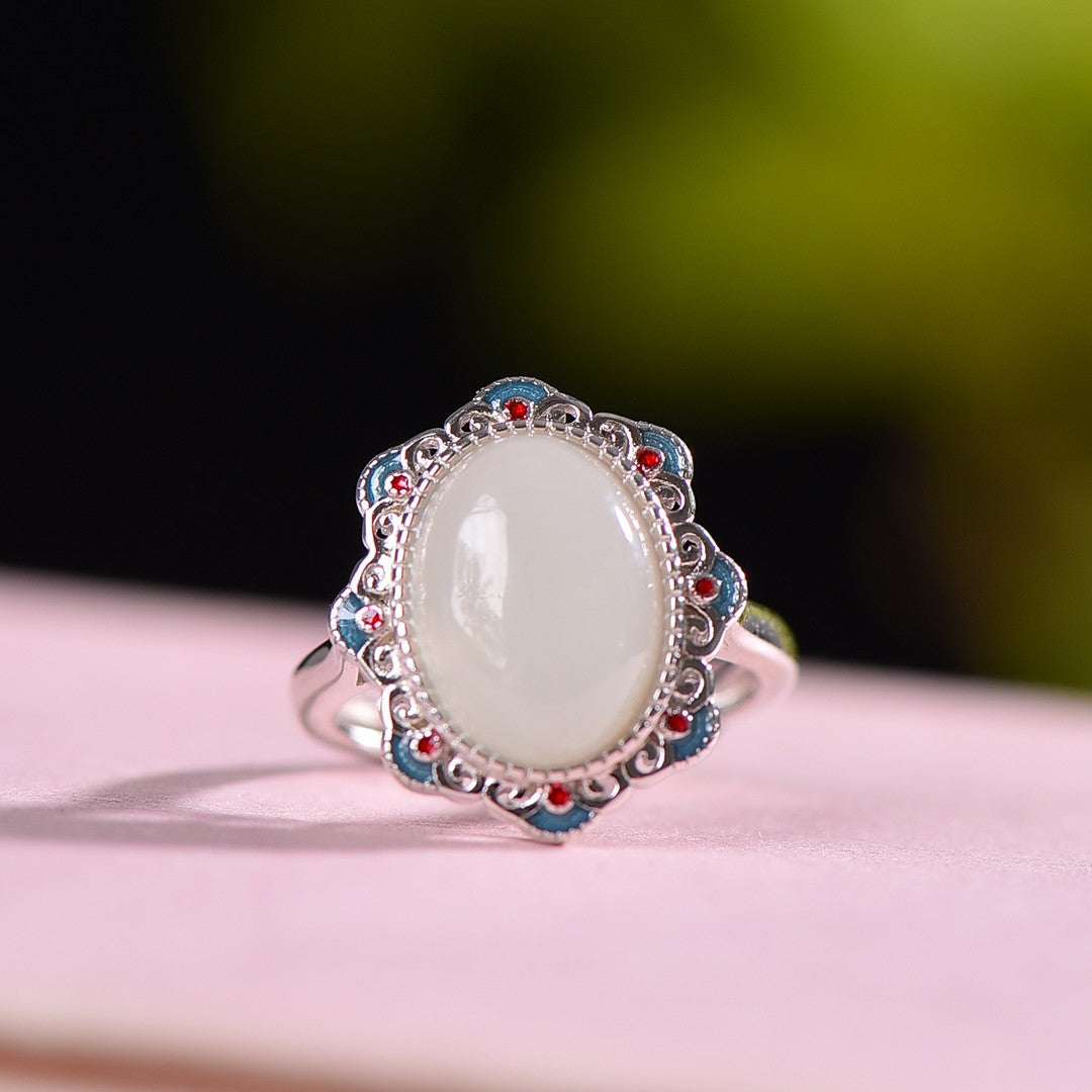 Silver inlaid Hetian jade cabochon enamel ring