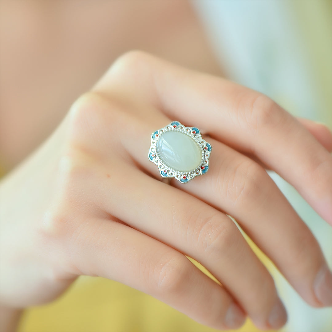 Silver inlaid Hetian jade cabochon enamel ring