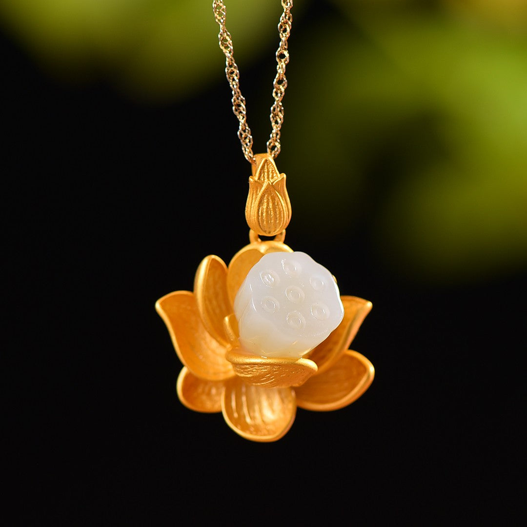 Silver gilt inlaid Hetian jade lotus gilt silver pendant