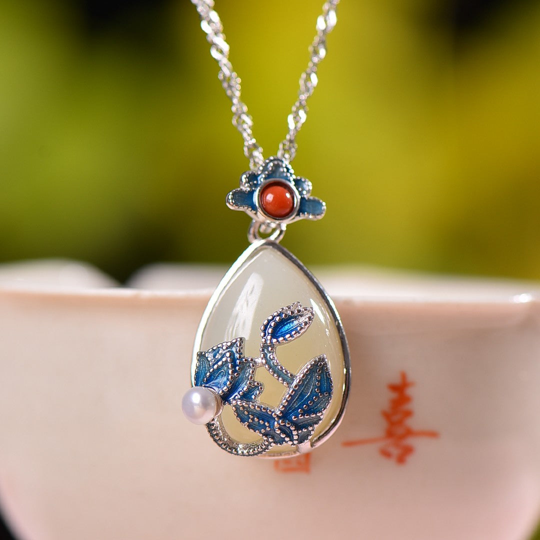 Silver inlaid Hetian jade enamel water drop pendant