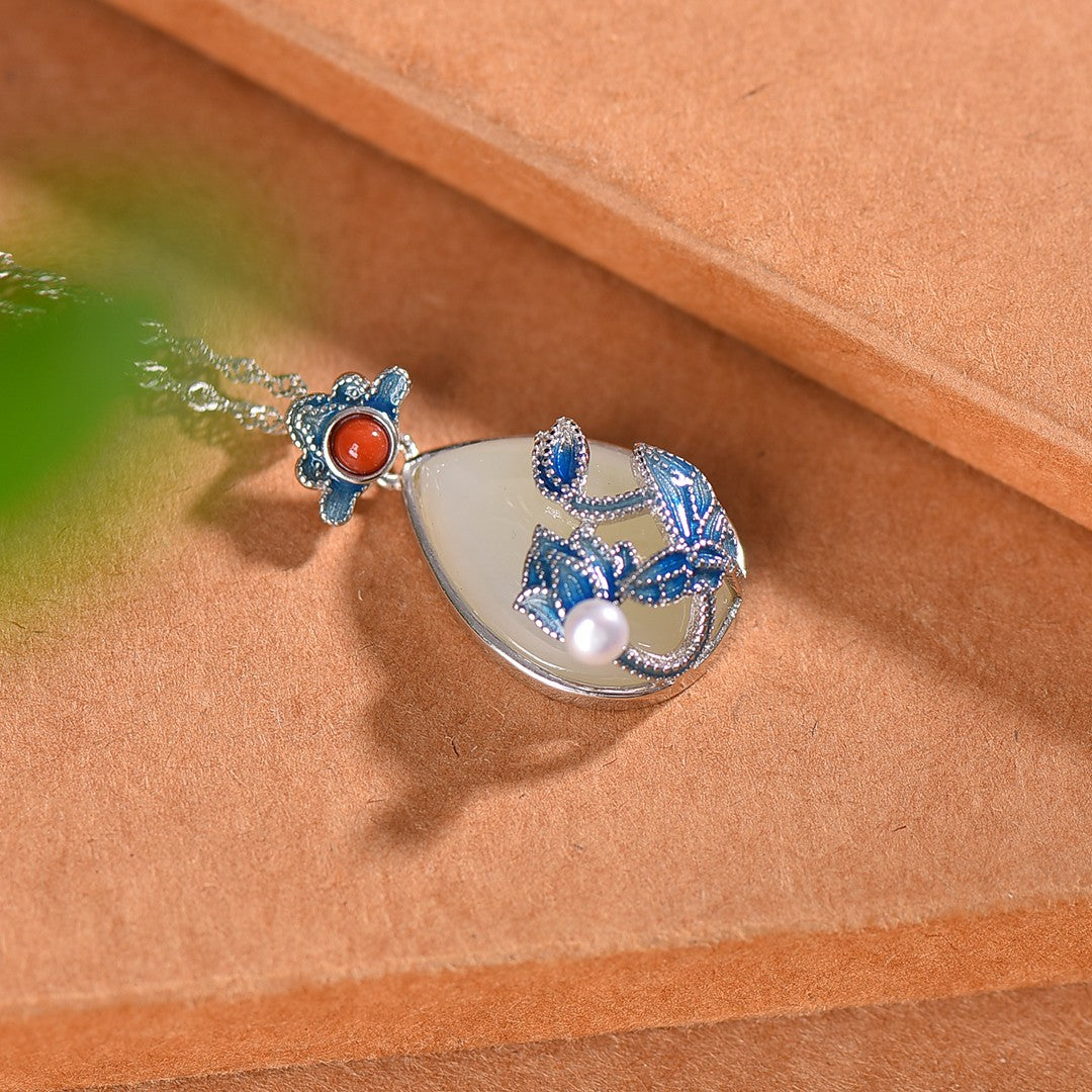 Silver inlaid Hetian jade enamel water drop pendant