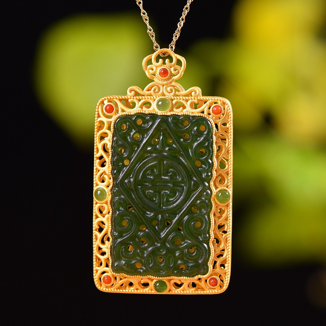 Gilt silver inlaid jasper hollow and multi-treasure sachet pendant