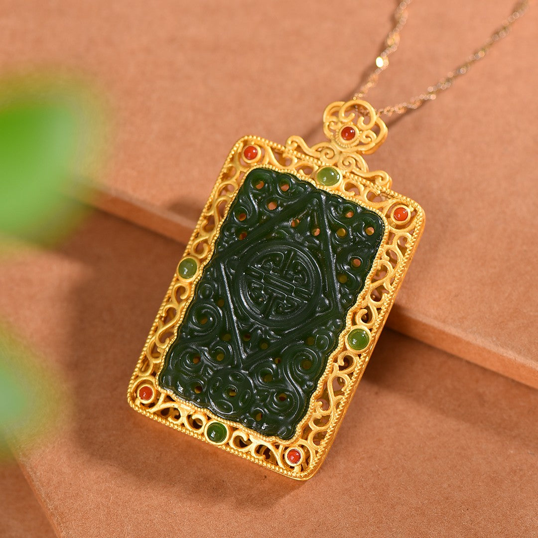 Gilt silver inlaid jasper hollow and multi-treasure sachet pendant