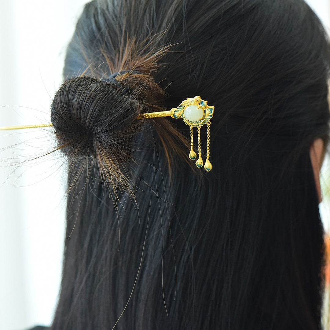 Silver gilt inlaid Hetian jade Phoenix Nirvana tassel hairpin