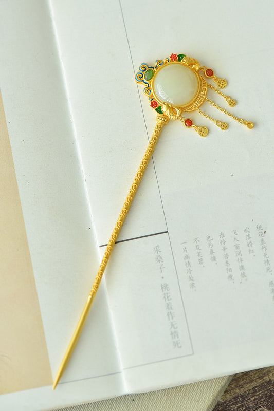 Silver gilt inlaid Hetian jade double-sided fish auspicious tassel hairpin