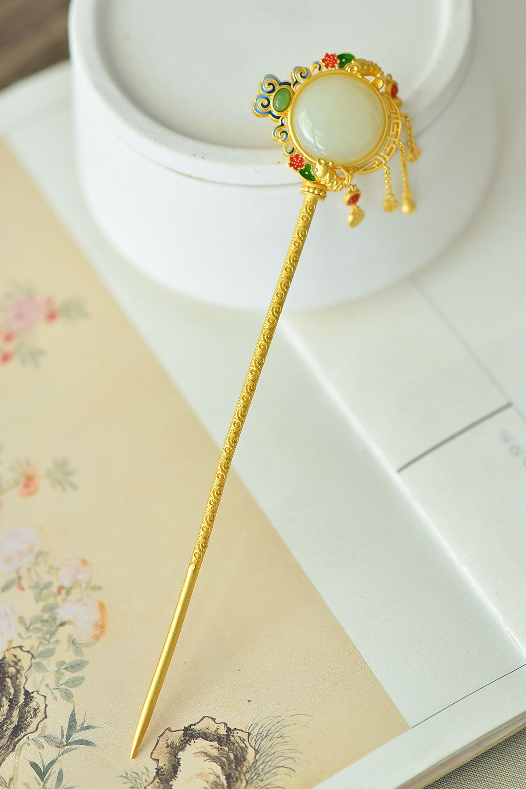 Silver gilt inlaid Hetian jade double-sided fish auspicious tassel hairpin