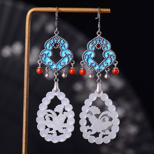 Silver inlaid Hetian jade vintage Ming hollow earrings