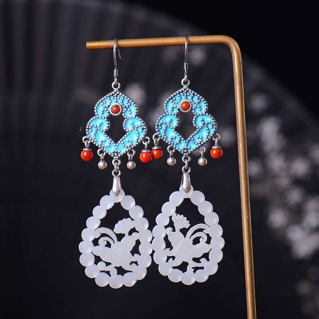 Silver inlaid Hetian jade vintage Ming hollow earrings