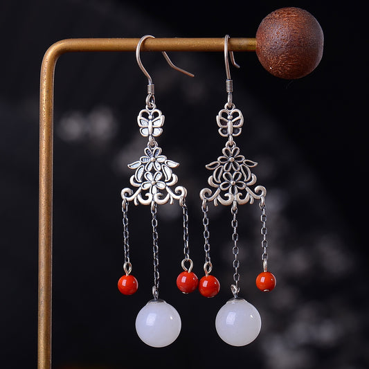 Silver inlaid Hetian jade vintage white jade bead earrings