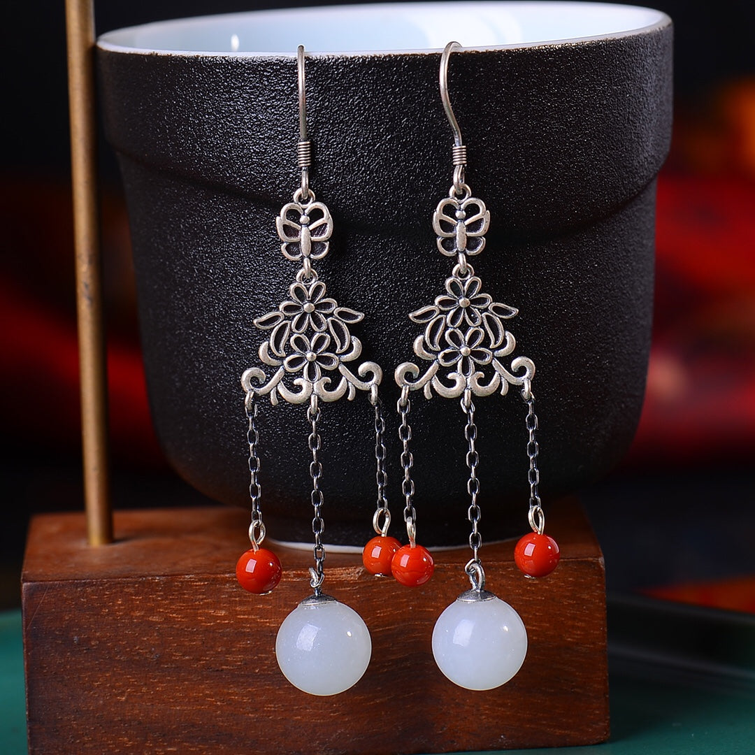 Silver inlaid Hetian jade vintage white jade bead earrings