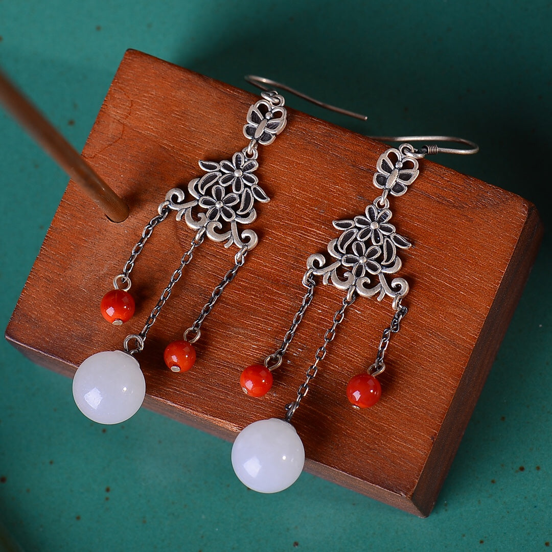 Silver inlaid Hetian jade vintage white jade bead earrings