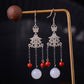 Silver inlaid Hetian jade vintage white jade bead earrings