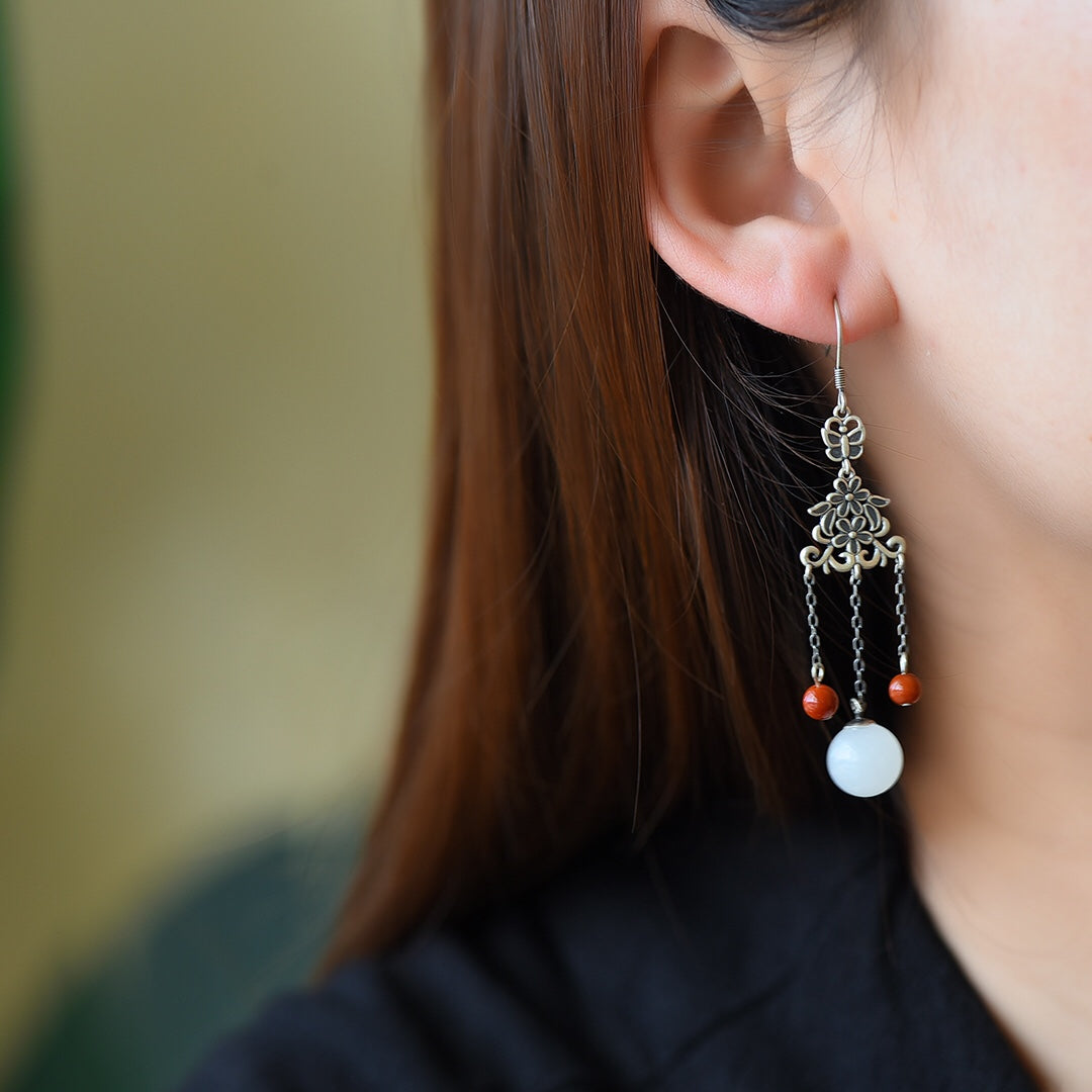 Silver inlaid Hetian jade vintage white jade bead earrings