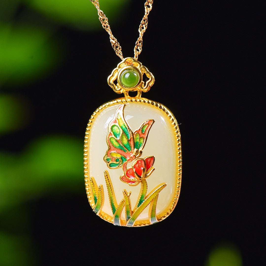 Silver gold plated Hetian jade pendant