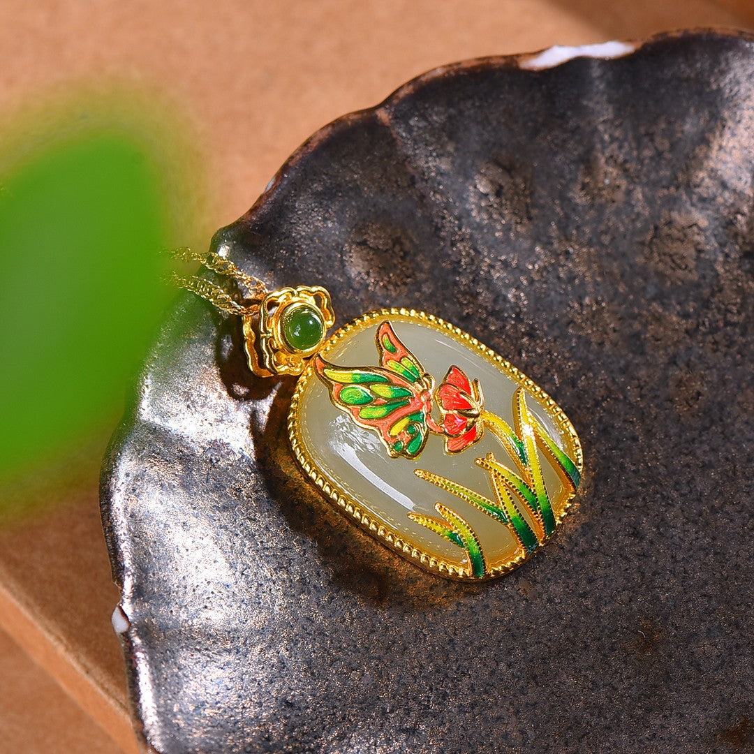 Silver gold plated Hetian jade pendant