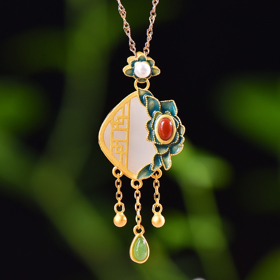 Silver gold plated Hetian jade pendant