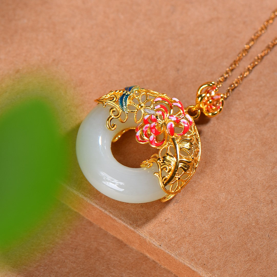 Silver gold plated Hetian jade pendant