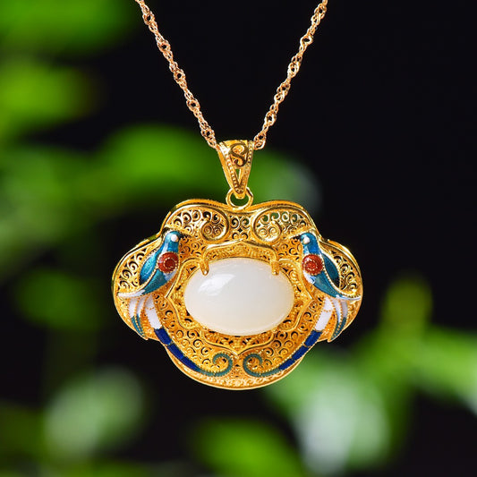 Silver gold plated Hetian jade pendant