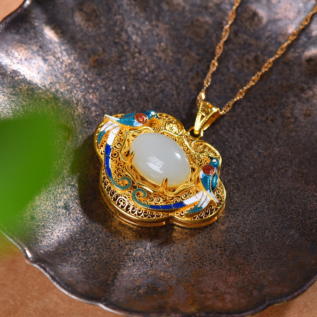 Silver gold plated Hetian jade pendant