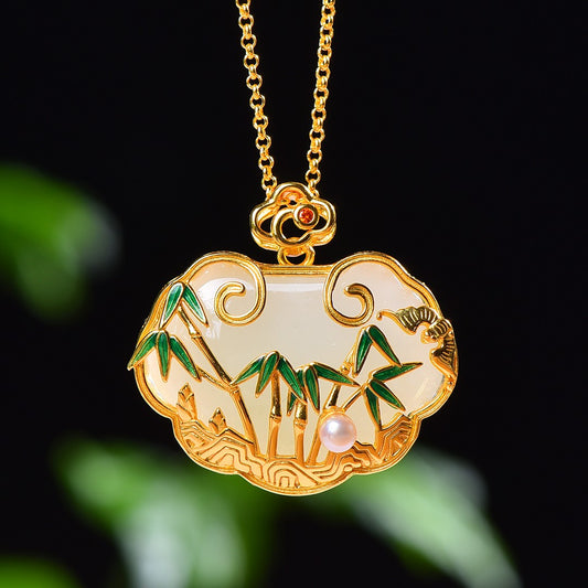 Silver gold plated Hetian jade pendant