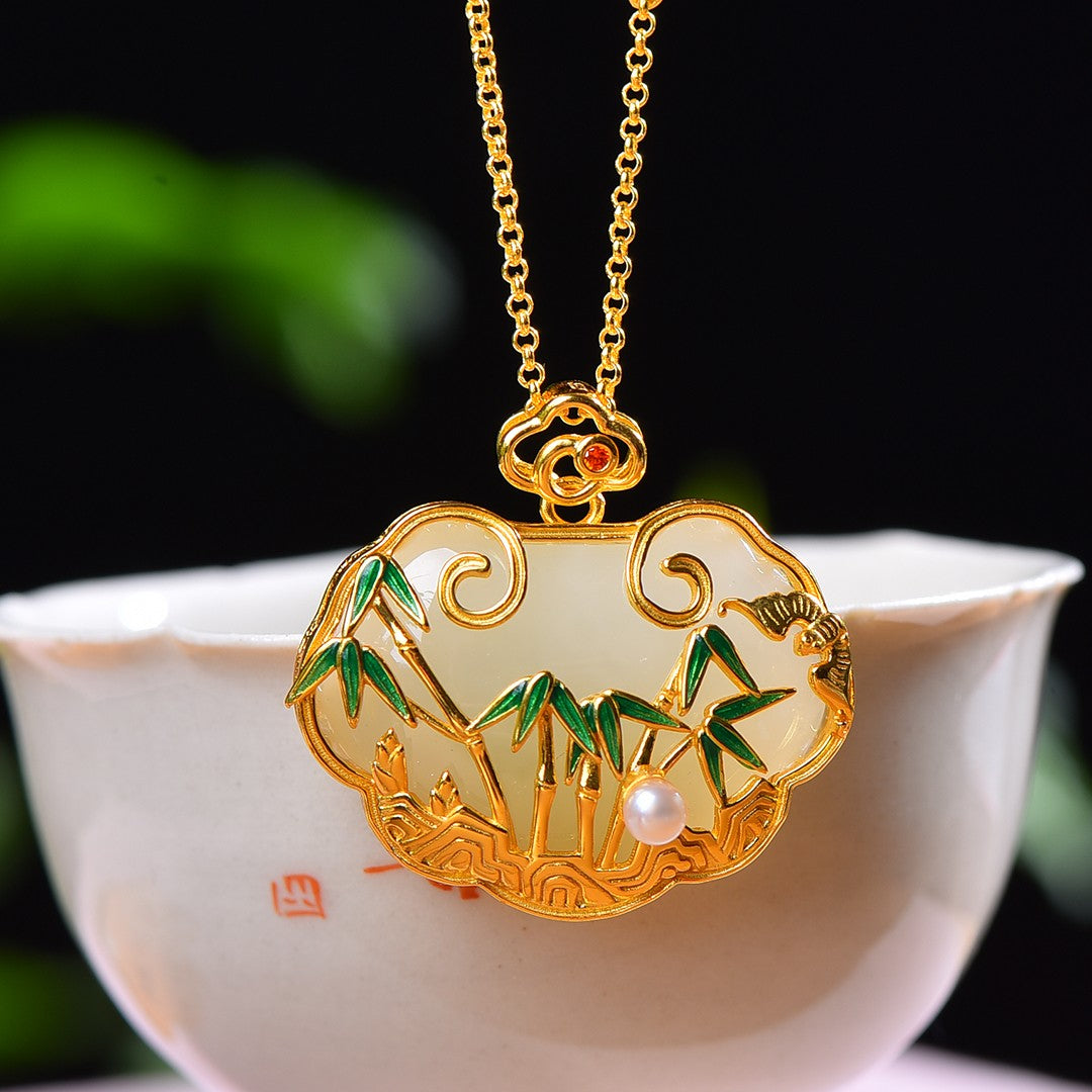 Silver gold plated Hetian jade pendant