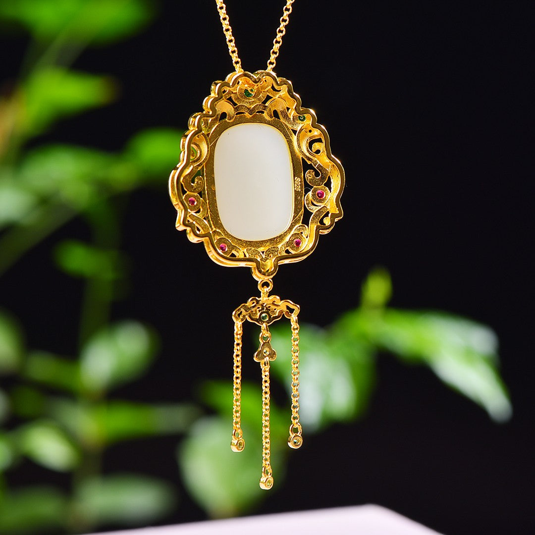 Silver gold plated Hetian jade pendant