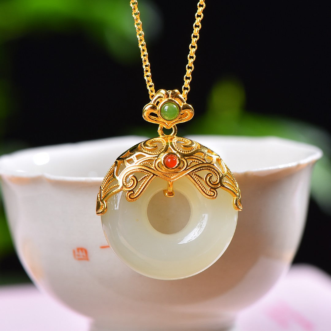 Silver gold plated Hetian jade pendant