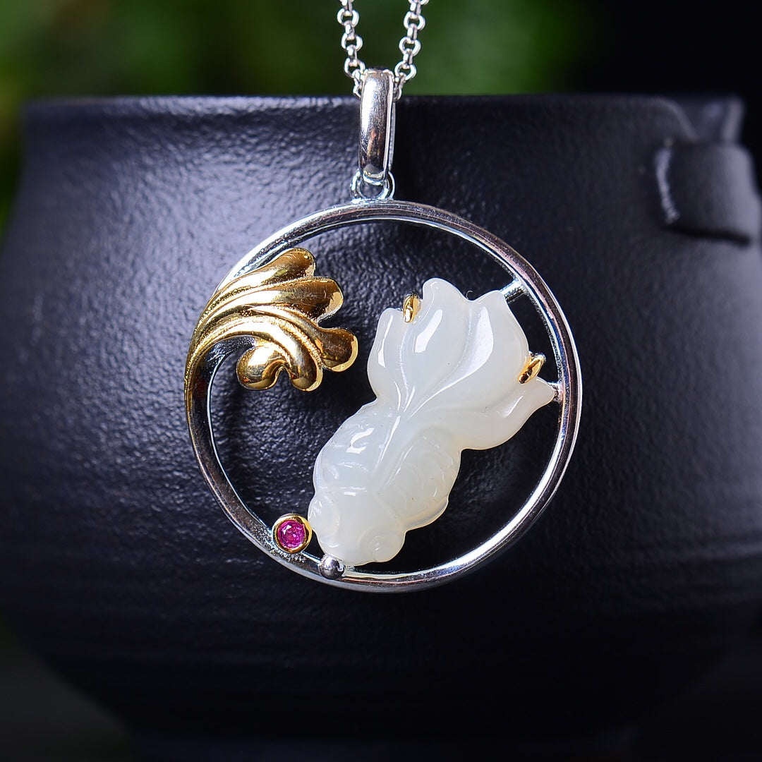 Silver inlaid Hetian jade pendant