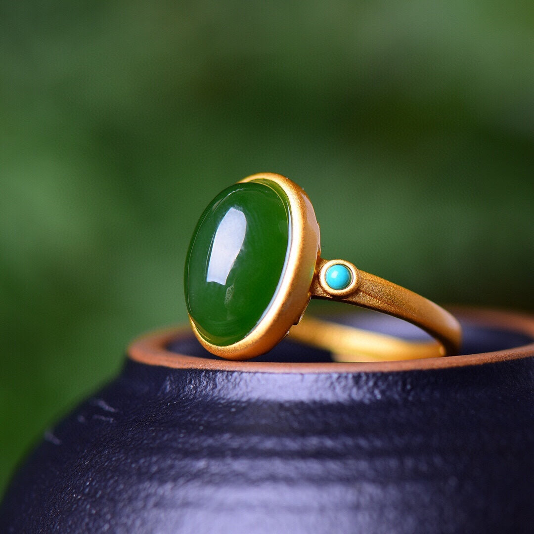 Silver gold plated Hetian jade ring