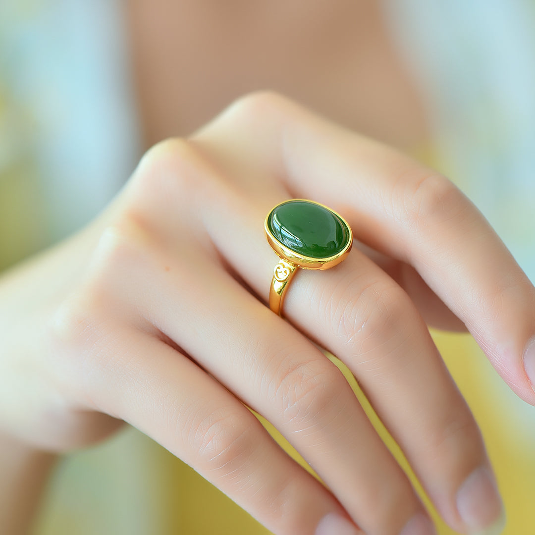 Silver gold plated Hetian jade ring