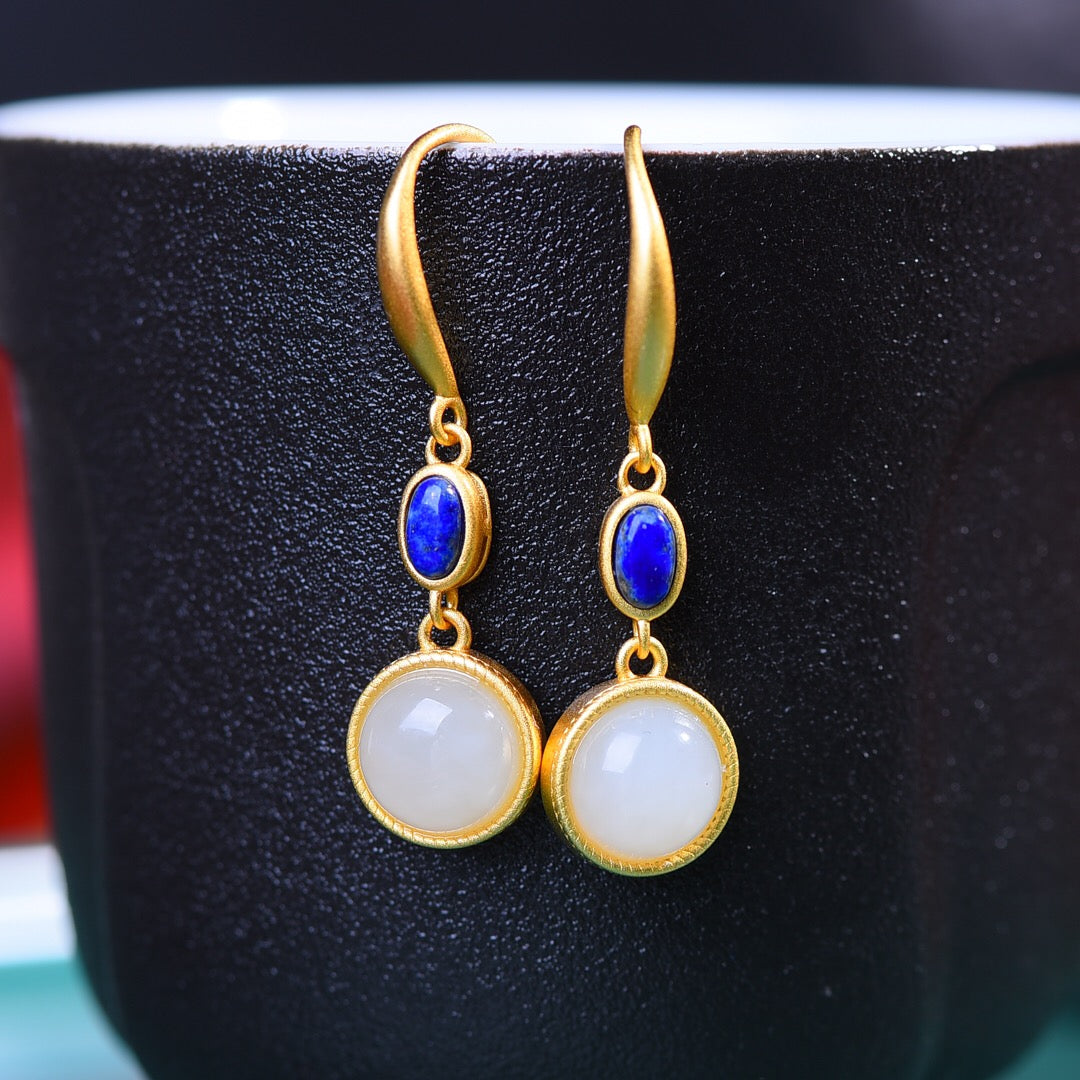 Silver gold plated Hetian jade earrings