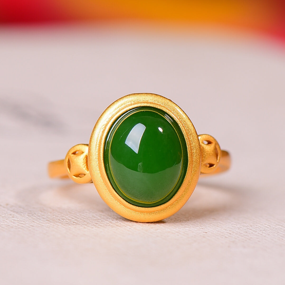 Silver gold plated Hetian jade ring