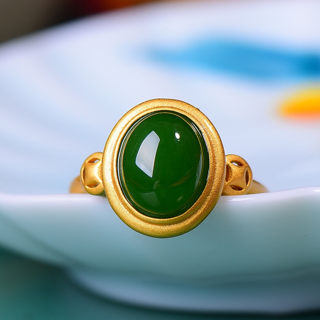 Silver gold plated Hetian jade ring