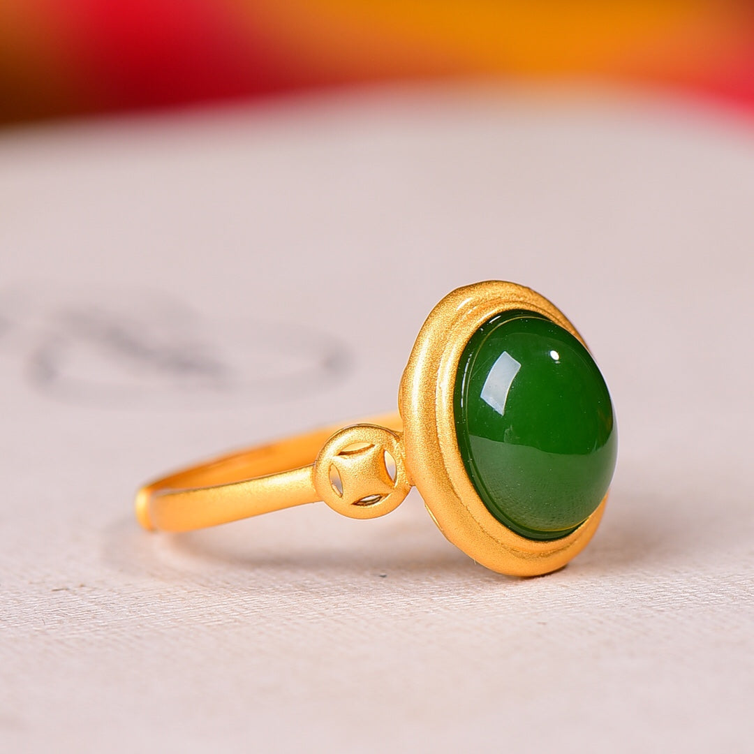 Silver gold plated Hetian jade ring