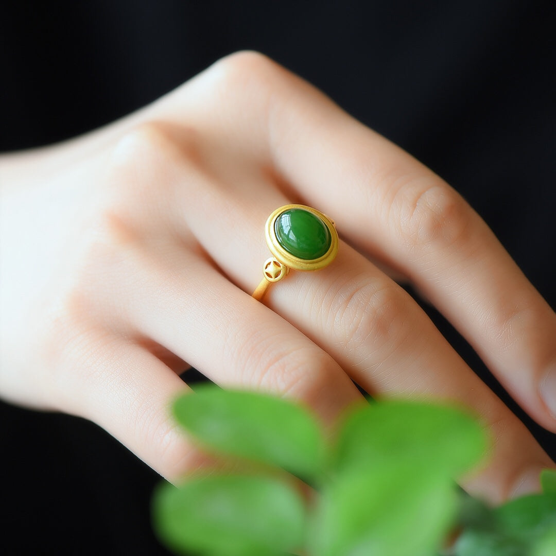 Silver gold plated Hetian jade ring