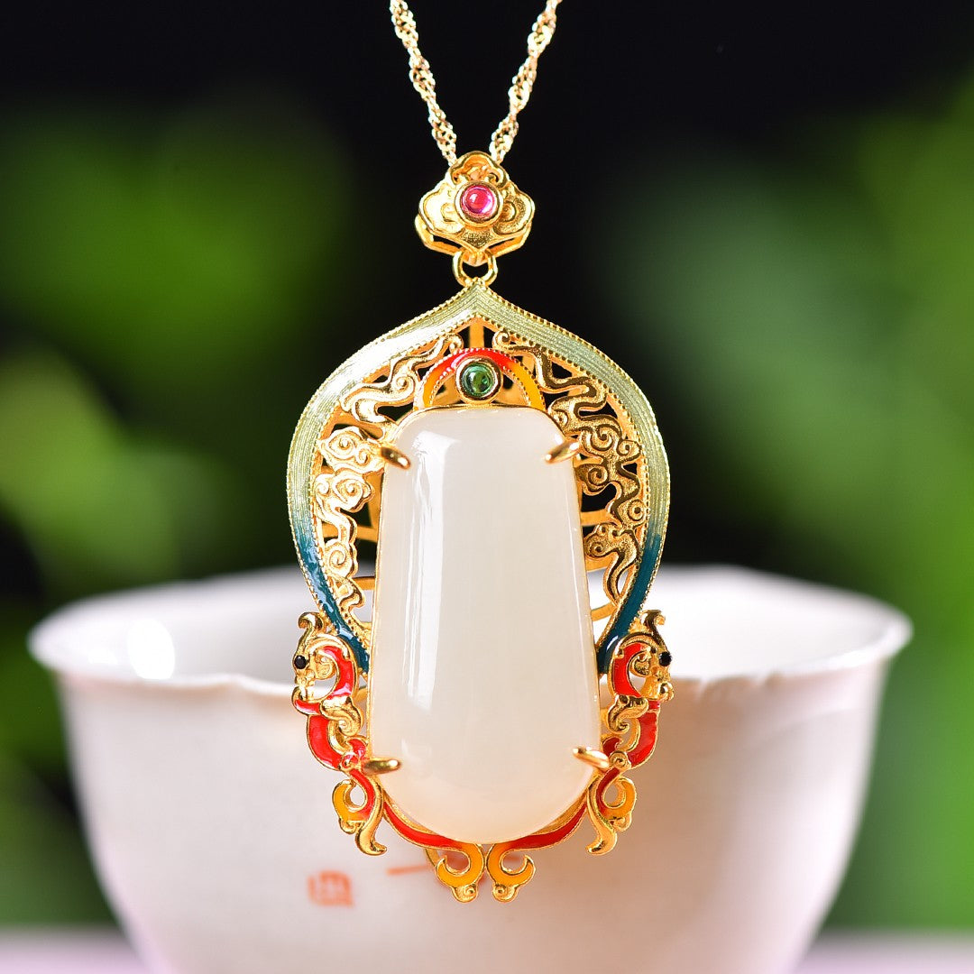 Silver gold plated Hetian jade pendant