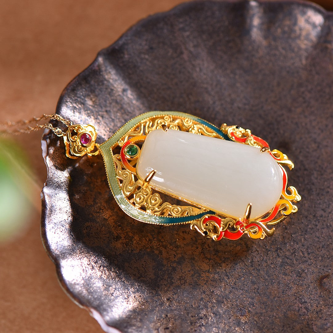 Silver gold plated Hetian jade pendant