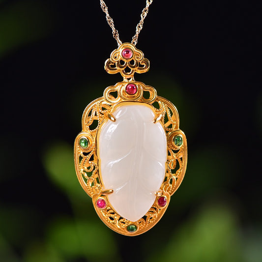 Silver gold plated Hetian jade pendant