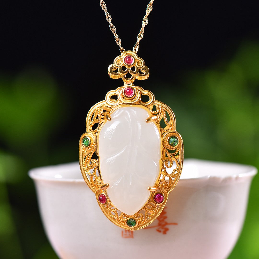 Silver gold plated Hetian jade pendant