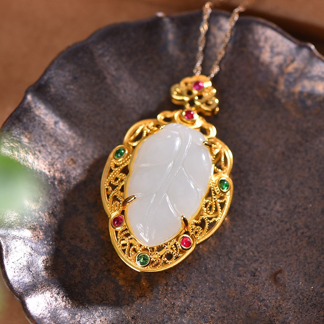 Silver gold plated Hetian jade pendant