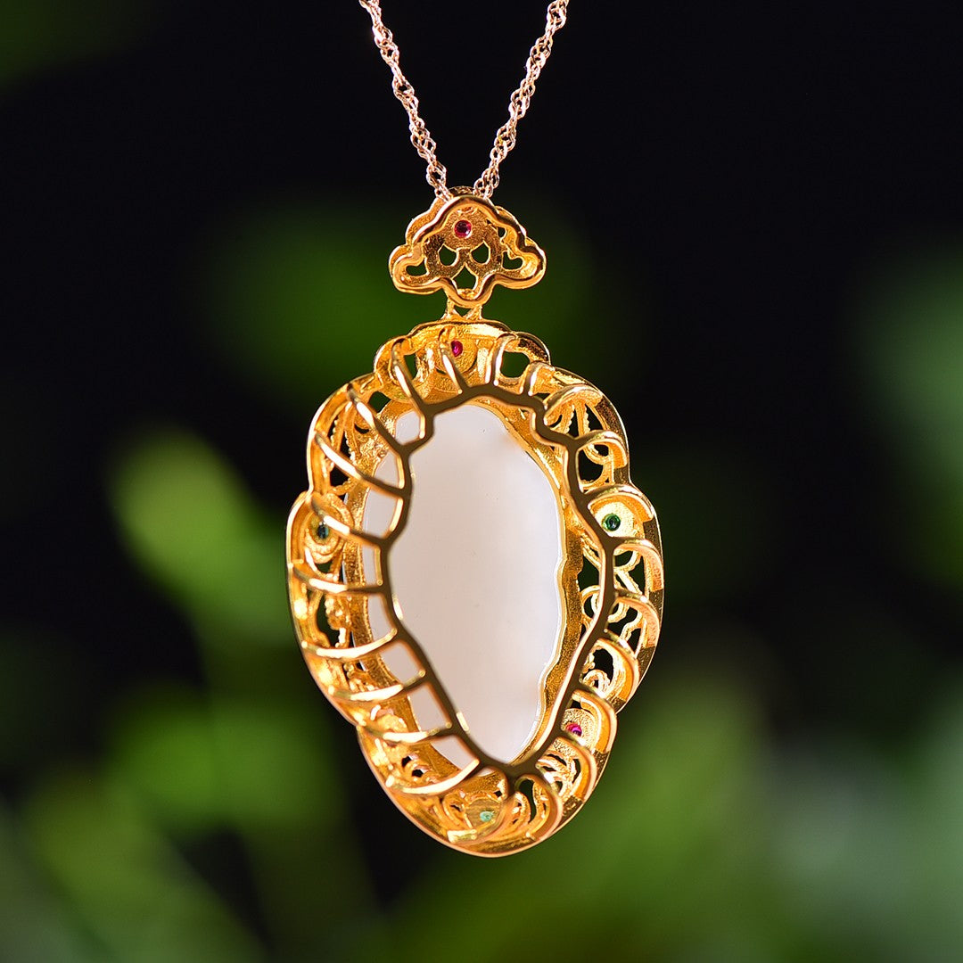 Silver gold plated Hetian jade pendant