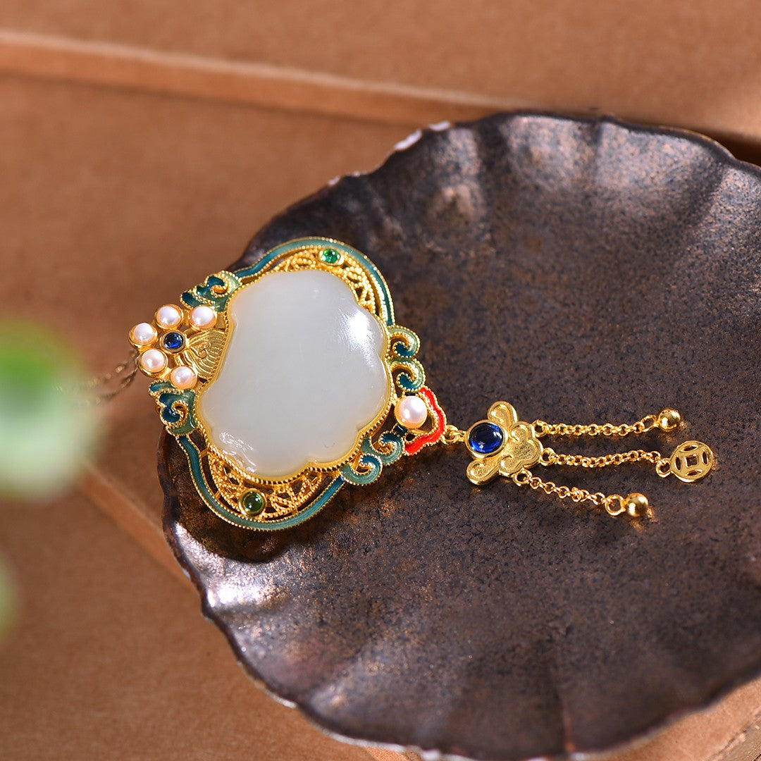 Silver gold plated Hetian jade pendant