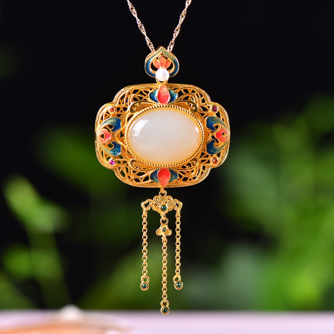 Silver gold plated Hetian jade pendant