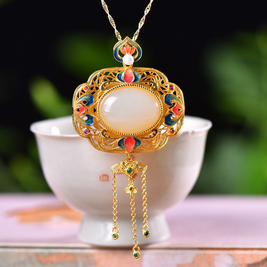 Silver gold plated Hetian jade pendant